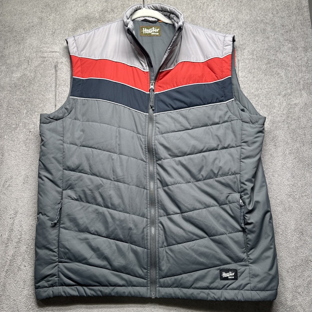 Howler Bros Primaloft Gray Red Navy Striped Puffer Vest Men's Large Outdoors‎